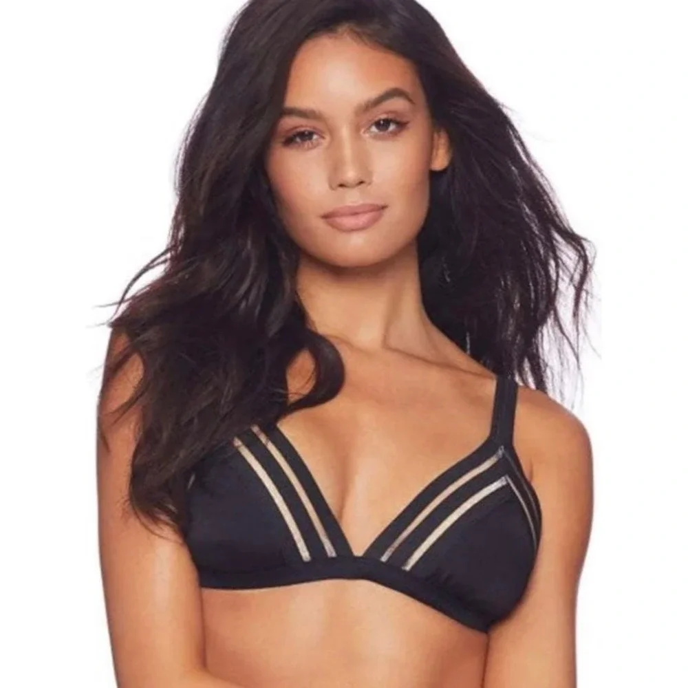 Beach Bunny Swimwear Bikini Top Black Triangle Gold Accent Strappy‎ XXL